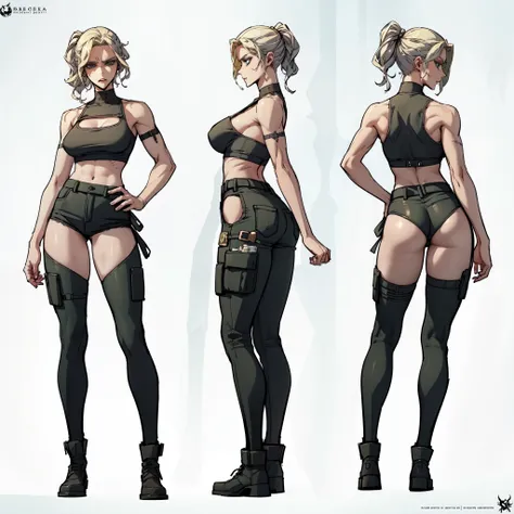 character sheet, front view, side view, view from back, ((masterpiece)),(((best quality))),((character design sheet)),  ((flat color, plain color)),concept, poses, masterpiece, best quality, highres, 1girl as apocalypse mercenary female, (blonde hair:1.2),...