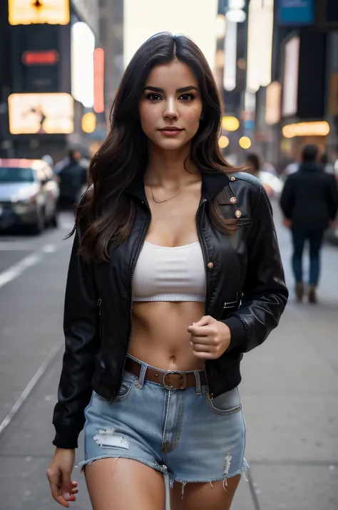 face,  gorgeous, girl,  cleavege western, walking,  hot girl, happy, (masterpiece), best quality, high resolution, extremely detailed, blurred background, depth of field, cinematic lighting, wearing jacket , new york, city, city life, hands down