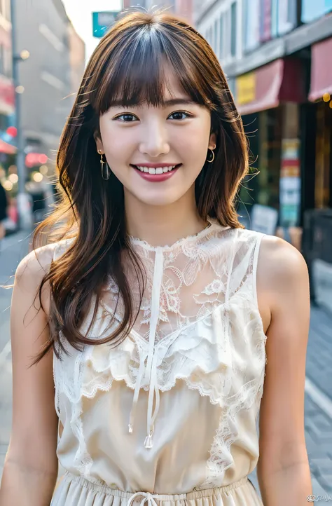 highest quality, masterpiece, ultra high resolution, (realistic:1.4),very detailed,professional lighting,
(18 year old female:smile:1.2),(parted bangs),
{{lace summer clothes:see-through}},
street background,Fields with depth,walk,From before