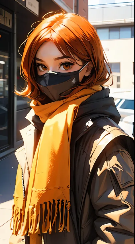 A girl with orange hair and brown eyes in a super hero costume in a mask covering her eyes with a scarf on her head