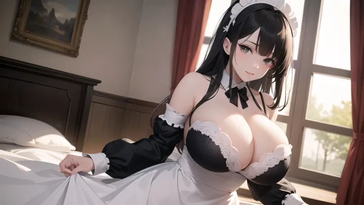 (((masterpiece, best quality))), cute girl, ((extremely detailed girl)), ((huge breasts)), (maid), (bare shoulders), cleavage