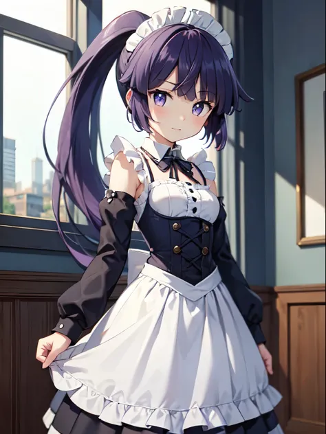 highest quality, [３D image:1.15]、[8k images:1.15]、Akatsuki、three-dimensional sense, highest quality、(Purple hair that is almost black indoors、shining eyes、Beautiful eyes of the city shining in seven colors),Anime Illustration Style,1 girl、ponytail、blue eye...