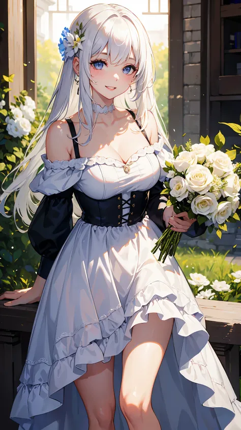 masterpiece, best quality, 1girl, white hair, smiling, looking at viewer, adult, fully mature, holding flower, off-the-shoulder- dress, parted lips