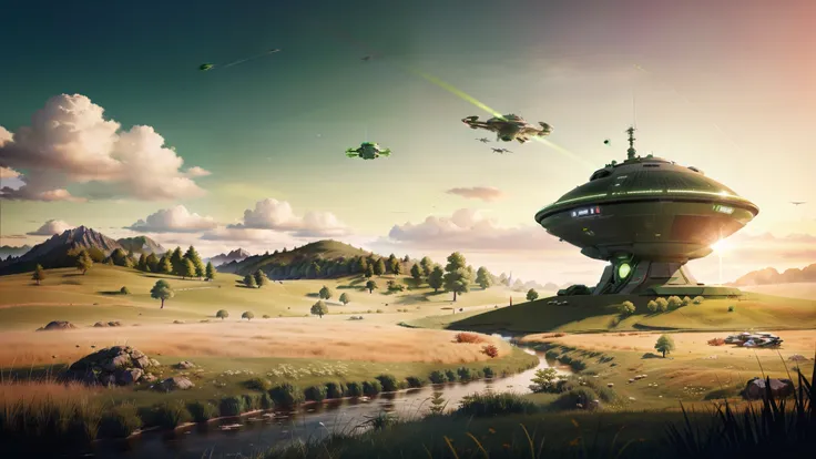 A lot of green color, a lot of green trees and green grass, green grass in the field, green trees, picture of a spaceship, flying over a sunny summer landscape, sci-fiish landscape, Beautiful sci-fi art, sci-fiish landscape, sci-fi illustrations, sci-fi il...