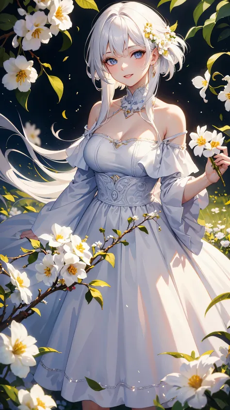 masterpiece, best quality, 1girl, white hair, smiling, looking at viewer, adult, fully mature, holding flower, off-the-shoulder- dress, parted lips