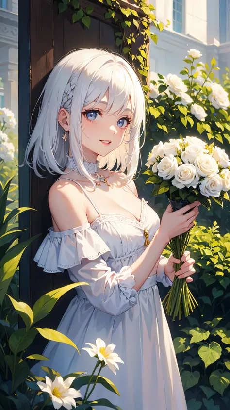 masterpiece, best quality, 1girl, white hair, smiling, looking at viewer, adult, fully mature, holding flower, off-the-shoulder- dress, parted lips