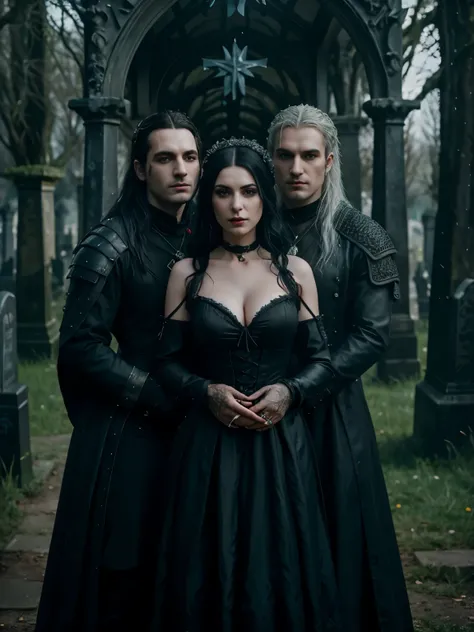 arafed couple dressed in gothic costumes standing in a cemetery, witcher)), from witcher (2021), gothic fantasy, goth family, the witcher, still from a fantasy movie, dark fantasy style, fantasy movie still, medieval dark fantasy, black metal rococo, an ep...