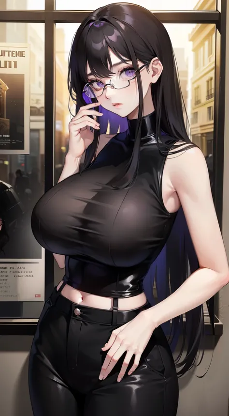 young girl, Long black hair, violet eyes, eyeglasses, Black sleeveless shirt, Huge-breasts, pants, fuel oil, An overly curious person, Masterpiece, hiquality