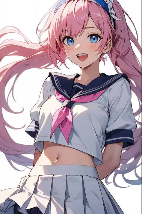 1girl,smile,honkai impact 3rd,hoyun,white serafuku,white shirt,stomach,elysia (honkai impact),skirt,white skirt,simple background,purple neckerchief,arms behind back,highres,midriff,1girl, d,cowboy shot,looking at viewer,honkai (series),solo,white hairband...