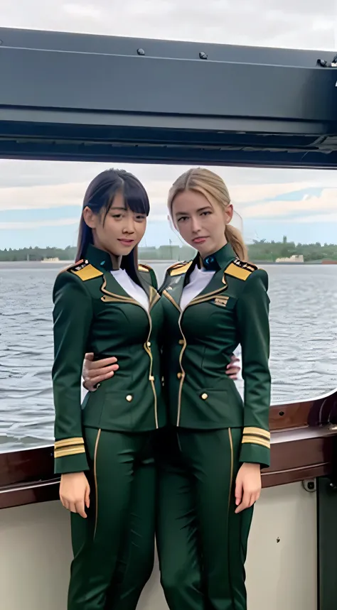 two women in military uniforms posing for a picture on a boat, cute girl wearing tank suit, beautiful sci - fi twins, perfect military composure, wearing tight suit, in full military garb, wearing military uniform, militaristic!!!, wearing military outfit,...