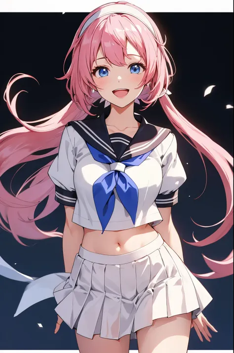 1girl,smile,honkai impact 3rd,hoyun,white serafuku,white shirt,stomach,elysia (honkai impact),skirt,white skirt,simple backgroun...