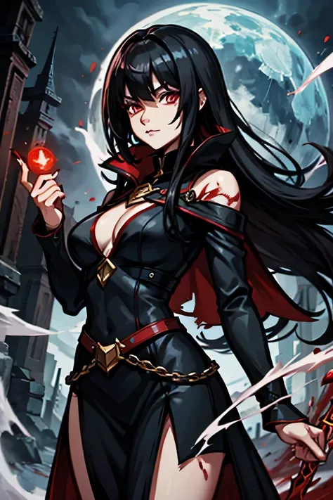 female mage with red eyes and black hair casting blood magic