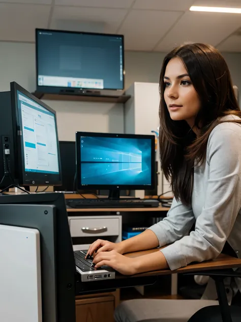 woman looking at a computer behind a desk