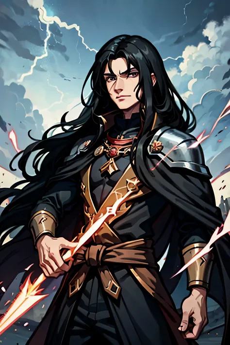 male wizard with long black hair casting a thunder spell