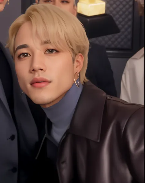 homem loiro com olhos azuis e uma jaqueta preta e gravata, Jiminthe full lips, Jiminthe right eyelid is swollen, accurate Jimin face, Jimino nariz grego, Jimin, park Jimin, kpop idol portrait, adorable and pale korean face, Retrato de Jossi do Blackpink, r...