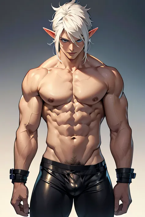 handsome muscular man with straight white hair and blue eyes, he has elf ears, bare torso, tight clothes, masculine, defined eyes, naked, bare torso, bare chest, pecs, defined details, 4k, maximum resolution, full hd, high quality, big long cock, cock