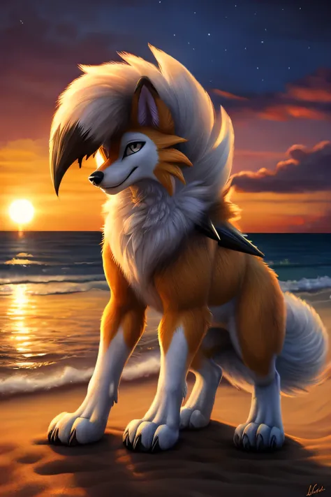 ((feral)),lycanroc,dusk form lycanroc,male, pokemon \(lycanroc-dusk\), anatomically correct,sunset,howling,stood on empty beach,...