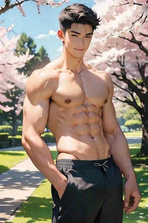 top quality,masterpiece,ultra high resolution,(realistic: 1.4),1 person,handsome man,Gray hair,Smile,Pectoral muscles perfect,6-pack abs,thin waist,Slender figure,White skin stands under the cherry blossom tree,Cherry blossoms were blown away by the wind,g...