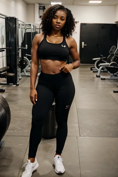 A full body image of a black woman in a gym 