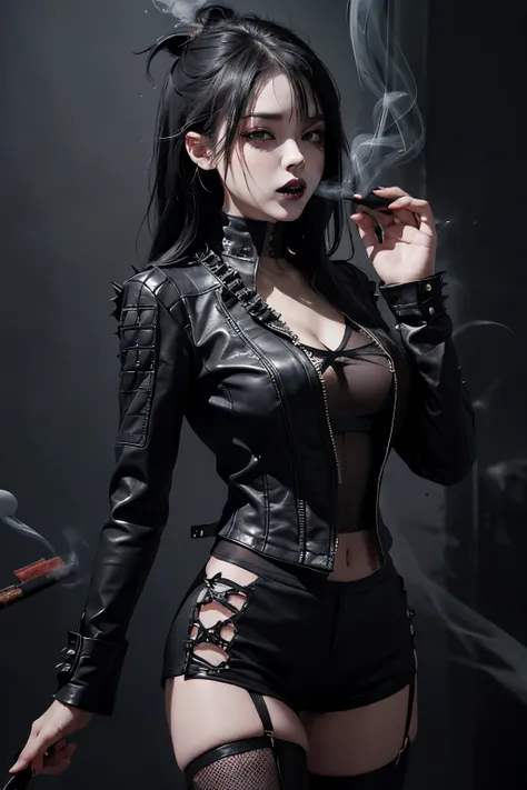 Intricate details, ultra-detailed, 超高分辨率, Masterpiece, Random angles, Rebel, Dark aura, Leather jacket, Black band tee, Heavy eye makeup, Extended fangs, Sleek black hair, Messy, Spiky, (Sunken eyes: 1.2), (Black lipstick: 1.3), Bare legs, Fishnet stocking...