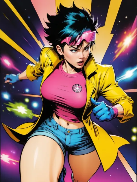 ((a comic style, cartoon art))). jubilee is wearing her signature outfit. 1 girl, solo, lonly, asian girl, (((wearing blue jeans...