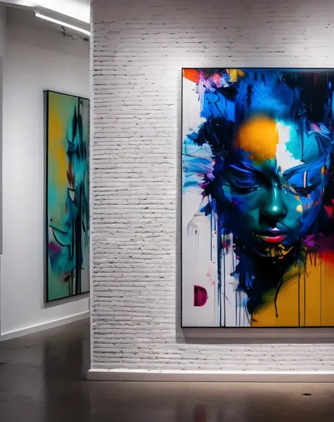 there is a painting on the wall of a gallery with a womans face, in a contemporary art gallery, ryan hewett, nielly, in an art gallery], casey baugh and james jean, david choe, dicital painting, trending artistic art, sandra chevrier and john hoyland, cont...