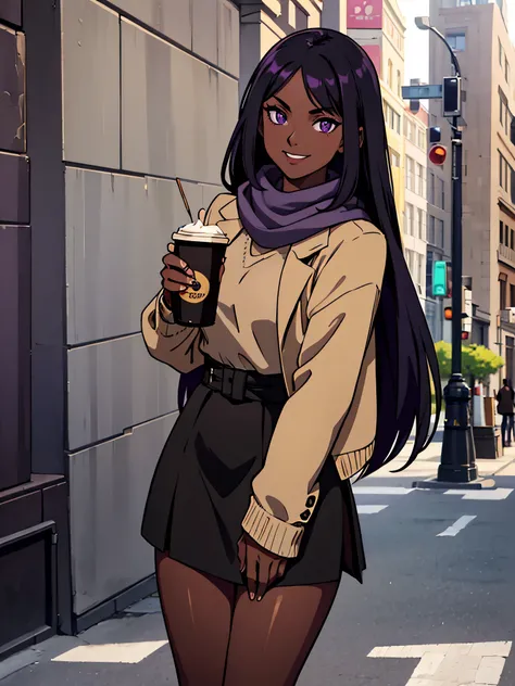 chefs-d&#39;artwork, 1fille, Seulement, ((Cheveux longs noirs), (peau sombre), (yeux violets), seins moyens, taille fine, Souriant), elle porte une veste beige, un pull noir, a gray scarf, une jupe beige, collants noirs, she drinks coffee in the street