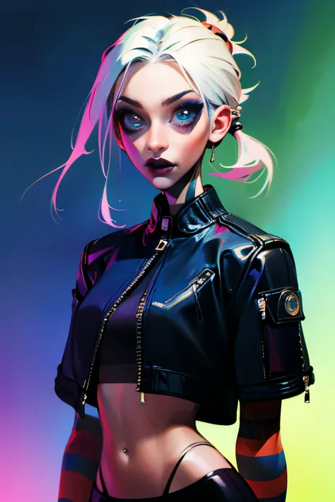 An ultra-realistic CG illustration of katopunk as gothgirl waifu, perfect anime eyes, detailed eyes, solo, piercing gaze and bold makeup, wearing a leather jacket with a crop top, and her hair is styled in a sleek updo.