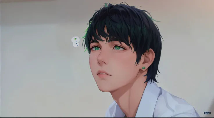 15 year old boy, green eyes, green hair and a blue shirt, sitting, looking up at someone who has arrived, talking about someone who is approaching, speaking with an open voice.