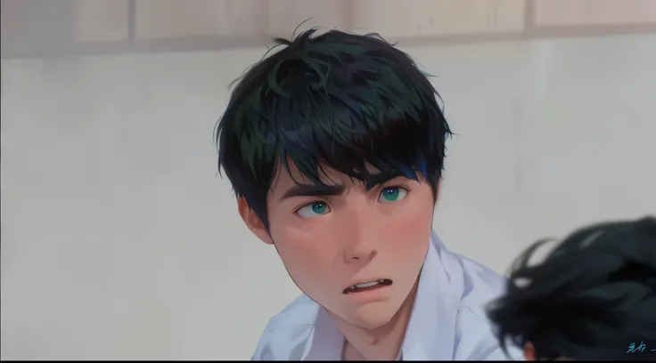 15-year-old boy with dark green hair and a blue shirt is surprised, scared and looks fearfully at his friend 