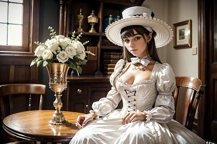 All intricate details: "(21 year old woman in white Victorian hat: de Copa Steampunk)"