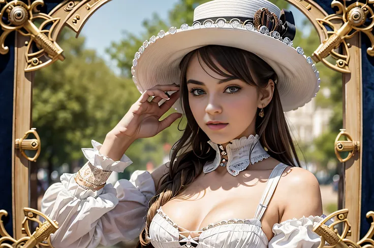 All intricate details: "(21 year old woman in white Victorian hat: de Copa Steampunk)"