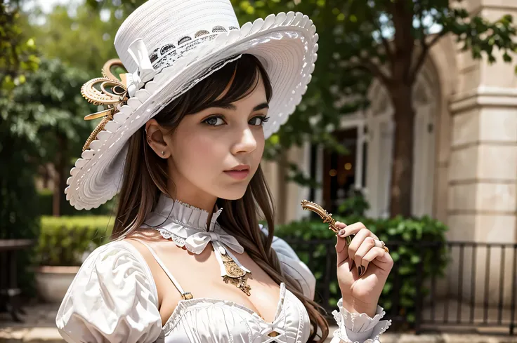 All intricate details: "(21 year old woman in white Victorian hat: de Copa Steampunk)"