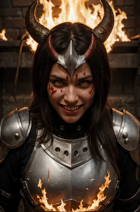 the face of a smiling demon, with big sharp teeth, with red skin, red eyes, big horns, wearing armor with fire, and fireballs around it