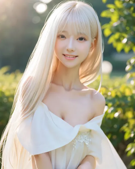 beautiful japanese girl　(whole body:1.5) プラチナブロンドのthin髪　A complex, chaotic, detailed god　Super Long Straight Silk Hair　asymmetrical bangs、magical beautiful eyes　moist black eyes　Wet and transparent white dress、open shoulder　mini skirt　　Detailed and perfect...