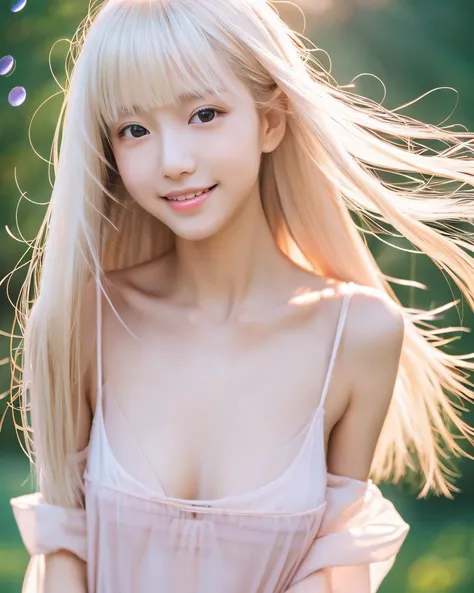 beautiful japanese girl　(whole body:1.5) プラチナブロンドのthin髪　A complex, chaotic, detailed god　Super Long Straight Silk Hair　asymmetrical bangs、magical beautiful eyes　moist black eyes　Wet and transparent white dress、open shoulder　mini skirt　　Detailed and perfect...