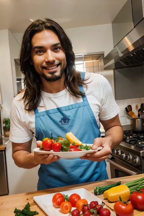 crea un ambiente alegre, Adult Jesus cooking a bright dish, verduras jugosas