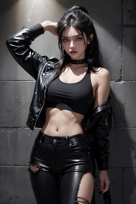 In the dimly lit room, a punk rock vampire girl stands with her back against the rough brick wall. Her long, dark hair is disheveled and messy, adorned with multiple piercings and yellowed plastic beads. Her piercing blue eyes, glowing faintly in the darkn...