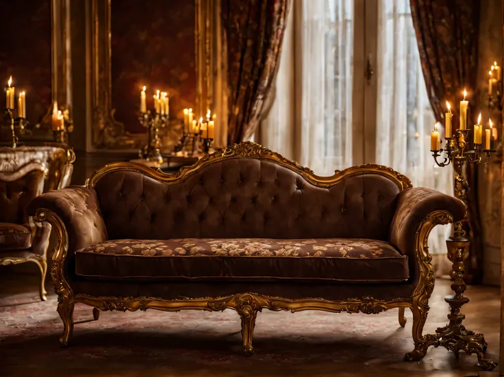 An antique sofa in front of a brightly lit living room with window light, candelabros con velas al fondo, 32k uhd, foto tomada con canon 5d mark IV, Rococo portraits, dark brown and light gold background, Detalles hiperrealistas, Daguerreiano.