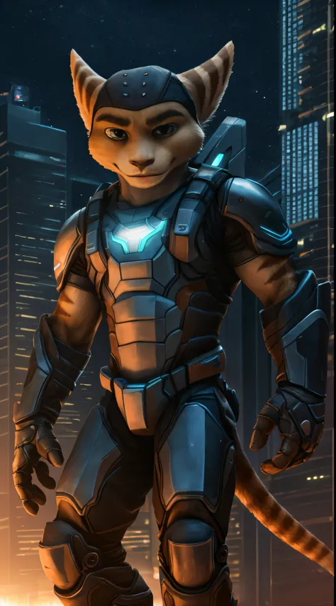 photorealistic, ratchet, , male, anthro, full body, in sci-fi city with skyscrapers at night, (wearing scifi armor:1.2), holding...