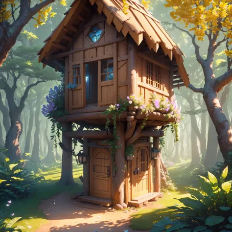 masterpiece, best quality, (extremely detailed CG unity 8k wallpaper), (best quality), (best illustration), (best shadow), A round beehive hut covered with flower petals,,(Forest tree house),Hexagonal,honeycomb decoration,isometric 3D, octane render,ray tr...