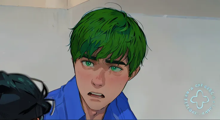 15-year-old boy with dark green hair and a blue shirt is surprised, scared and looks fearfully at his friend 