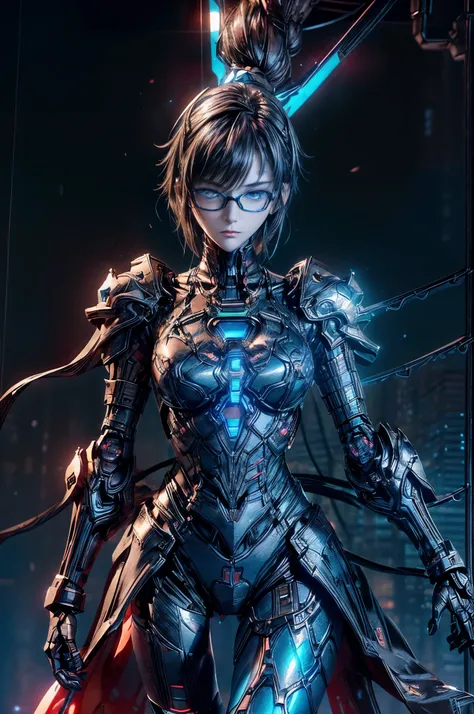 cinematic lighting、highly detailed skin,1 girl, highest quality,cyber punk,(bright colors, Beautiful tones:1.3),(Beautiful woman、Detailed beautiful facial features、short black hair、blue eyes、Glasses、slender body:1.3)（Glasses:1.5）break.Android body from the...