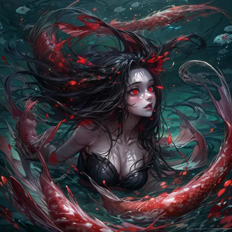 high details, best quality, 16k, [ultra detailed], masterpiece, best quality, (extremely detailed), full body, ultra wide shot, RAW, photorealistic, dark fantasy art, dnd art, rpg art, realistic art, an ultra wide picture of a vampiric mermaid (1.5 intrica...