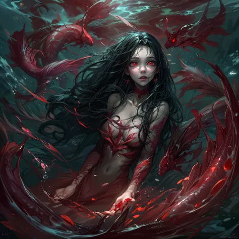 high details, best quality, 16k, [ultra detailed], masterpiece, best quality, (extremely detailed), full body, ultra wide shot, RAW, photorealistic, dark fantasy art, dnd art, rpg art, realistic art, an ultra wide picture of a vampiric mermaid (1.5 intrica...