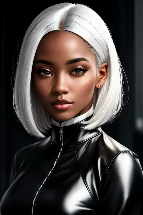 Best quality, masterpiece, high resolution, 1 young black woman, black chorus jacket dress,light gray dress,white hair,beautiful face,physique, Tyndall effect, realistic, dark studio, rim lighting, duotone lighting,(high detail skin: 1.2), 8k uhd, DSLR, so...