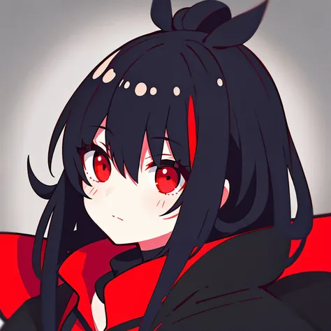 1girl, black hair, red eyes, coat, dark simple background, close-up