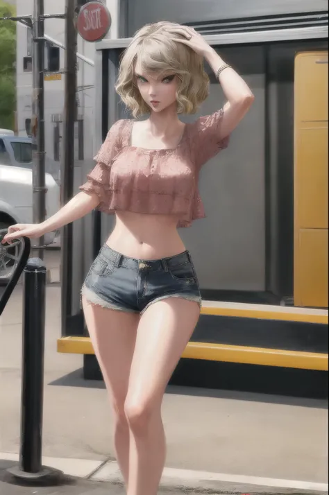 singer Taylor swift(age 30), she is dressed as a trailer park queen in daisy dukes and a revealing crop top, she is working a street corner waiting to get a John, she looks like a tweaker,