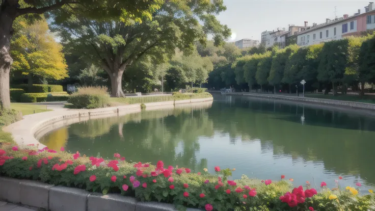 photograph of an immense and beautiful lake with calm blue waters that captures specular reflections of the gardens with colorful flowers, Calles, edificios modernos alrededor. Se observan palomas blancas volando a lo lejos, and families walking on a sunny...