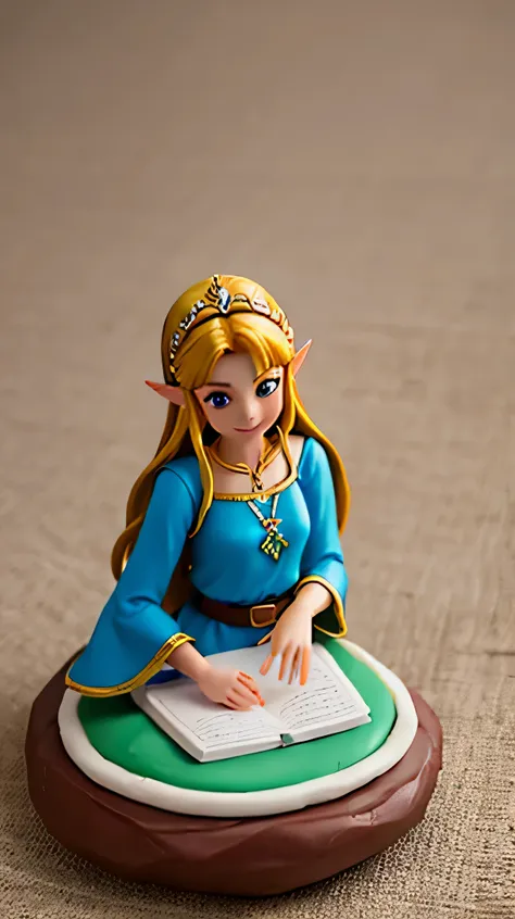 escultura em oil clay em uma base em cima de uma mesa da princesa zelda vestindo um biquini de grife examinando uma espingarda